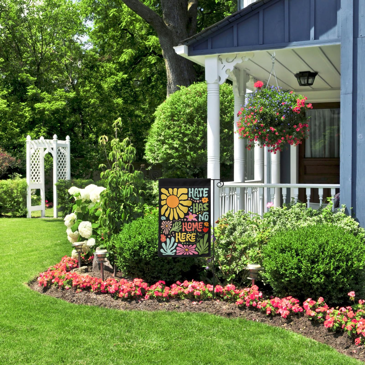 Generic Hate Has No Home Here flag with an inclusive decor appeal for communities.
