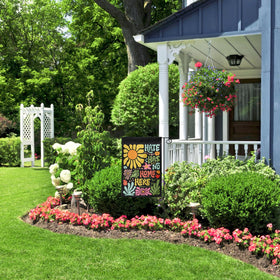 Generic Hate Has No Home Here flag with an inclusive decor appeal for communities.