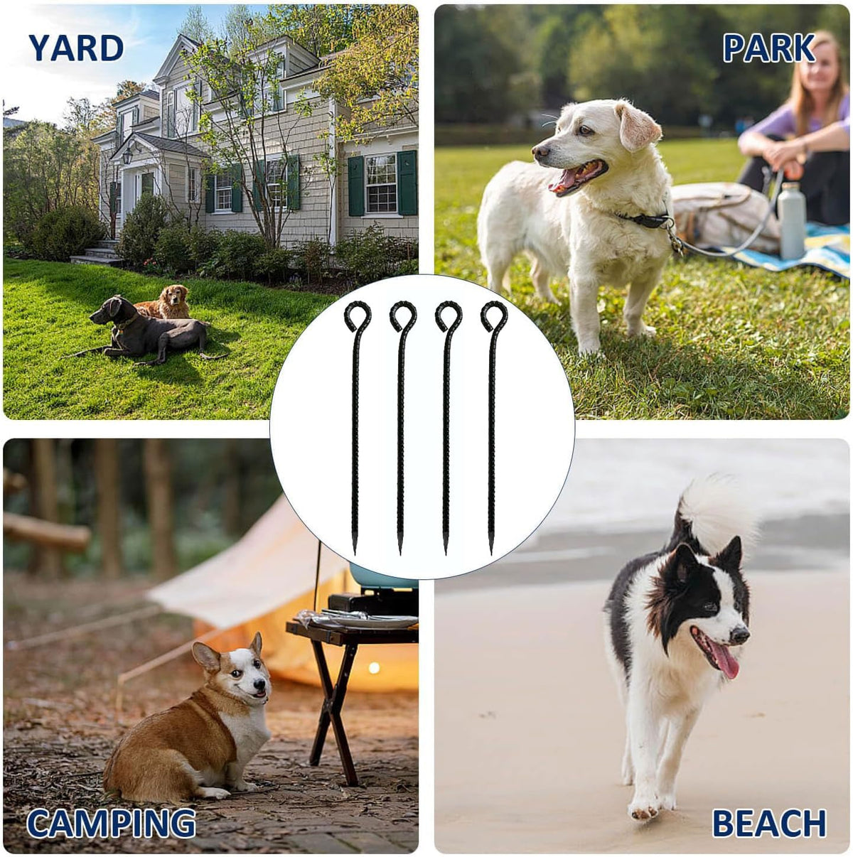 Generic heavy-duty steel tent stake secures tents and canopies in windy conditions.