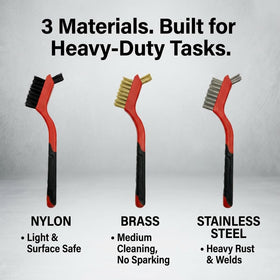 Generic heavy-duty wire brush set bristle close-up showing reinforced bristles for rust removal.