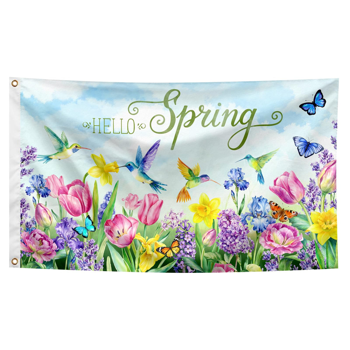 Generic Hello Spring hummingbird flag 3x5ft for outdoor garden decor.