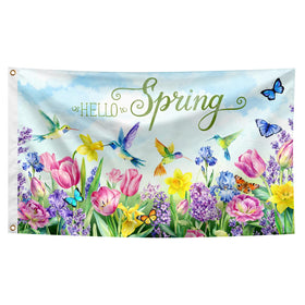 Generic Hello Spring hummingbird flag 3x5ft for outdoor garden decor.