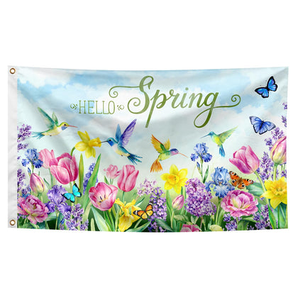 Generic Hello Spring hummingbird flag 3x5ft for outdoor garden decor.