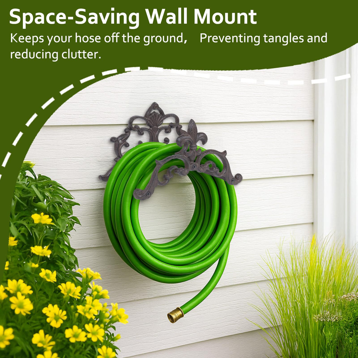 Generic brown cast iron hose storage on wall to prevent tangles.