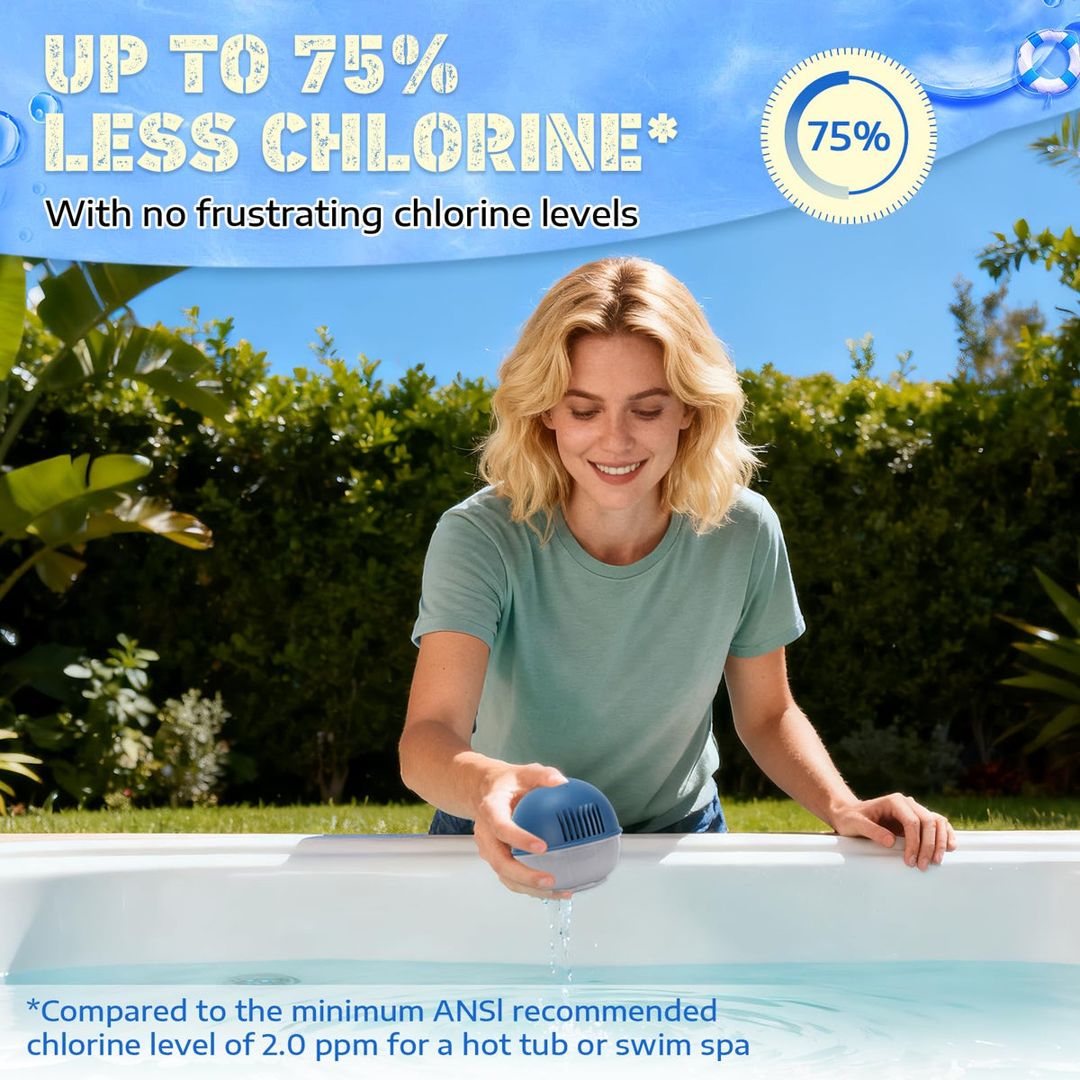 Generic hot tub floating system in use with self-regulating water treatment.