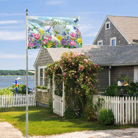 Generic Hello Spring hummingbird flowers flag outdoors with vibrant colors.