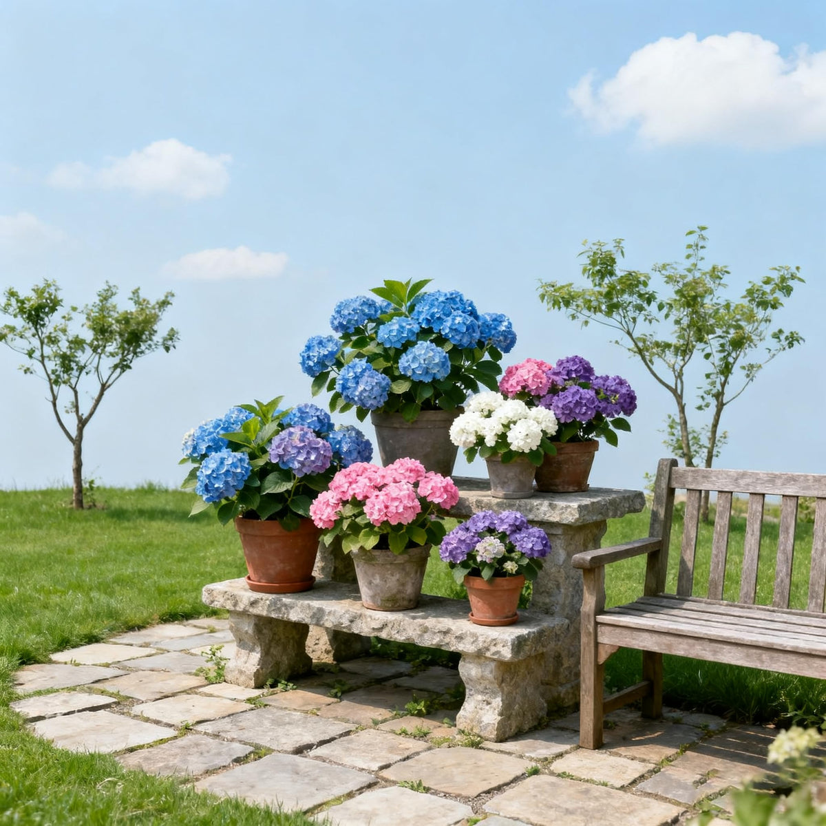 Generic hydrangea cottage-garden scene showcases classic hydrangea display.