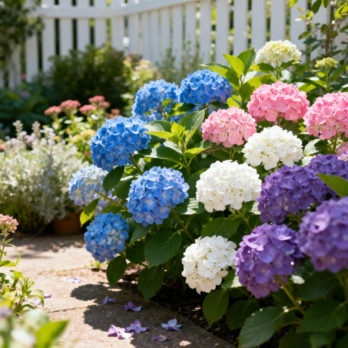 Generic hydrangea large bloom clusters close-up showing showy summer color.