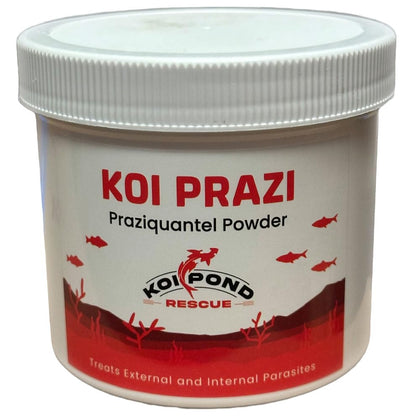 Generic Koi Prazi powder tub close-up highlighting high purity for accurate dosing.