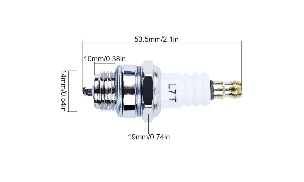 Generic L7T spark plug universal-fit graphic demonstrating cross-brand compatibility for Stihl, Husqvarna, and Echo.