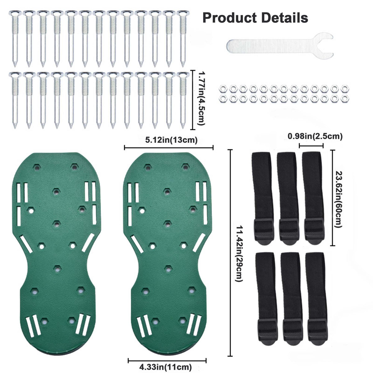 Generic one-size-fits-all lawn aerator shoes fit a wide range of sizes for versatility.