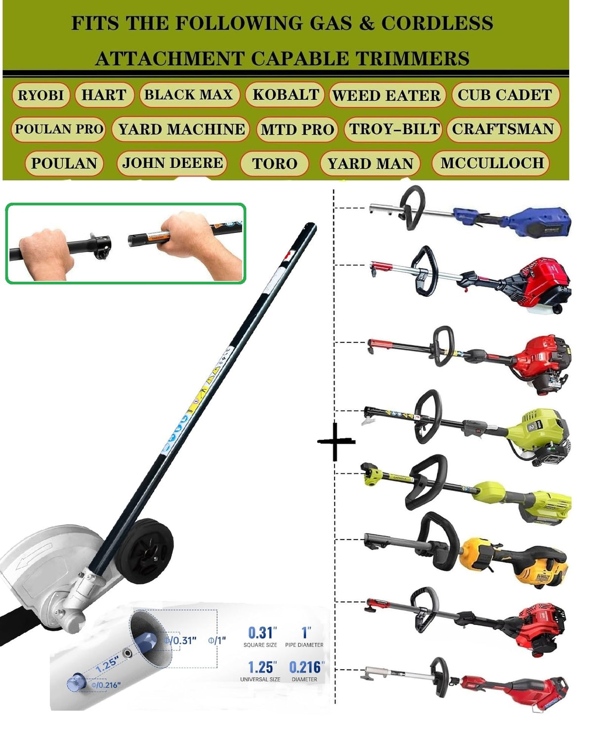 Generic lawn edger attachment compatible with Kobalt enables quick, stable attachment across brands.