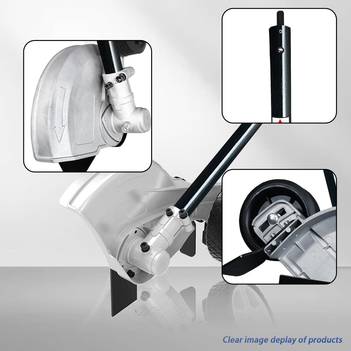 Generic lawn edger attachment compatible with Snapper supports tight corner edging.