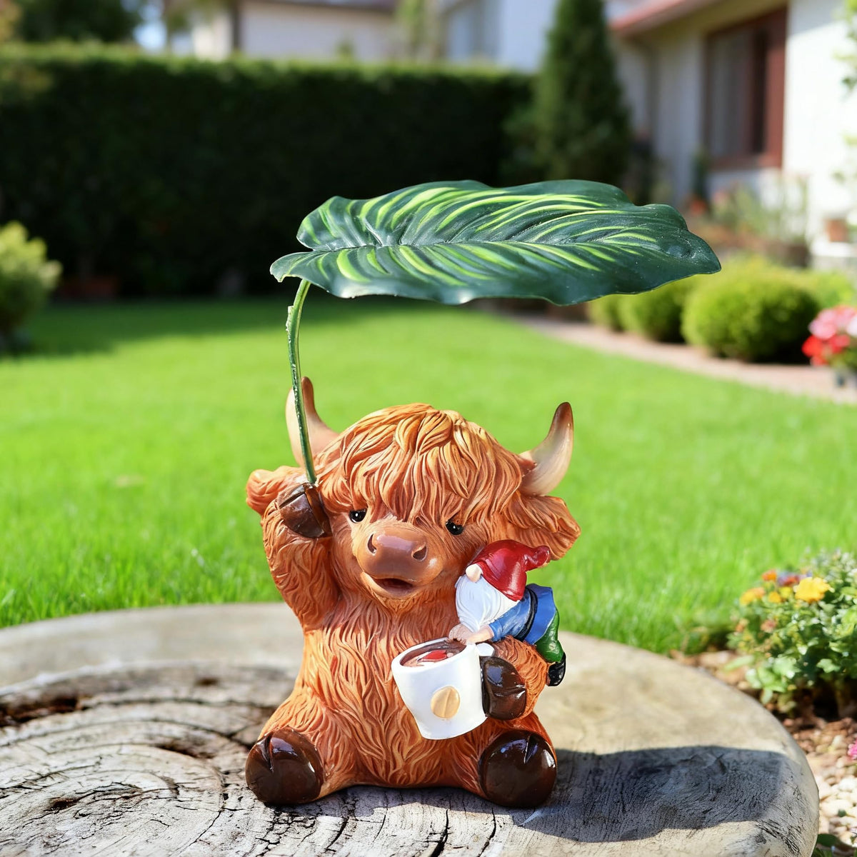 Generic leaf umbrella detail highlights playful, weather-resistant decor accents.