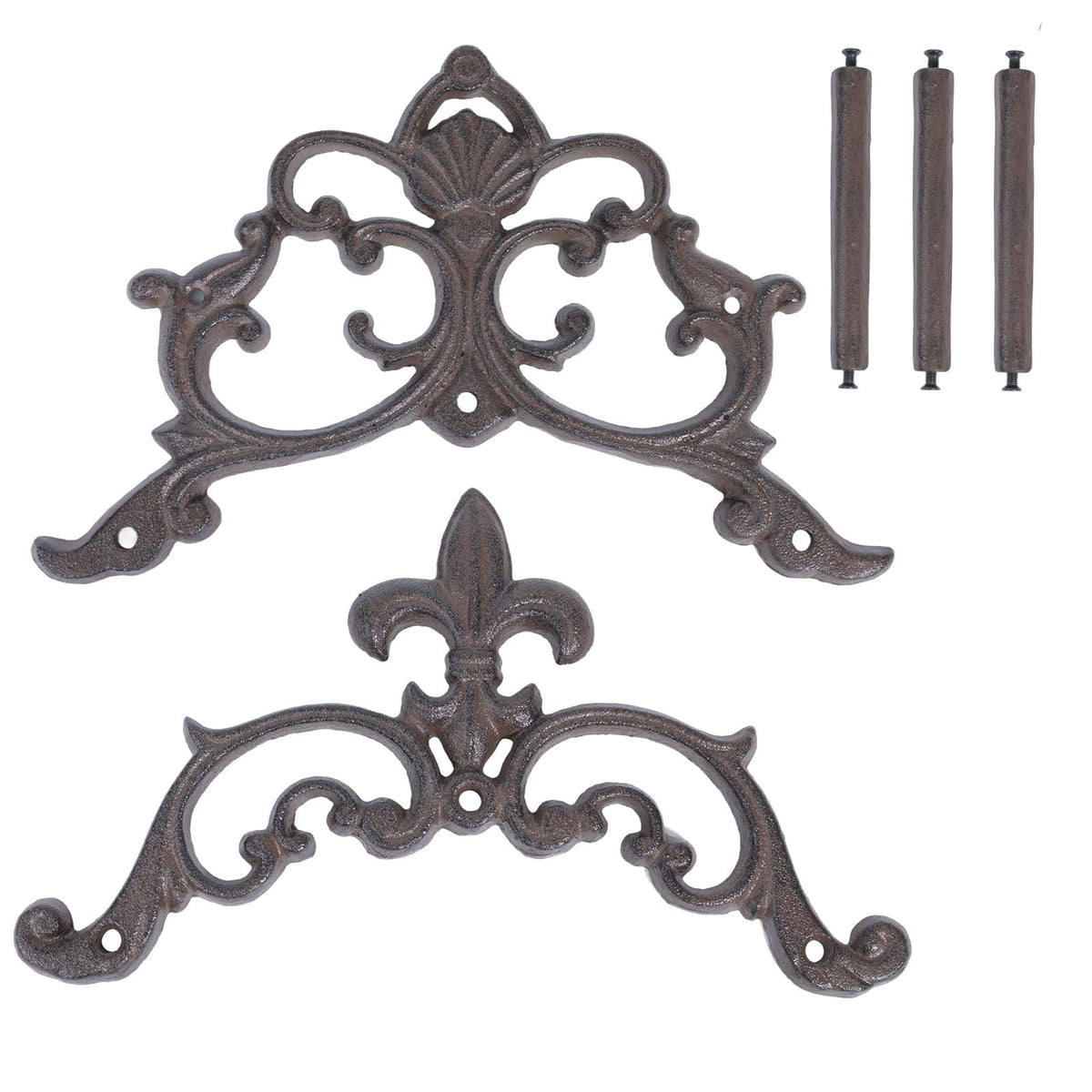 Generic brown cast iron wall-mounted hose storage keeps space tidy.