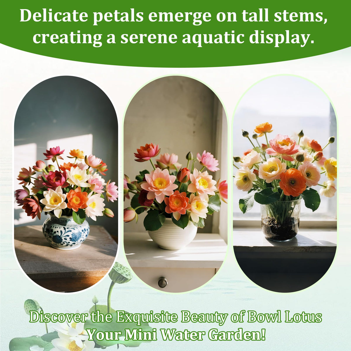 Generic lotus seeds in indoor containers for year-round color