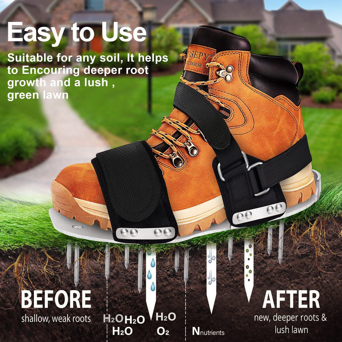 Generic Lawn Aerator Shoes ideal for wet lawn prep to improve penetration.