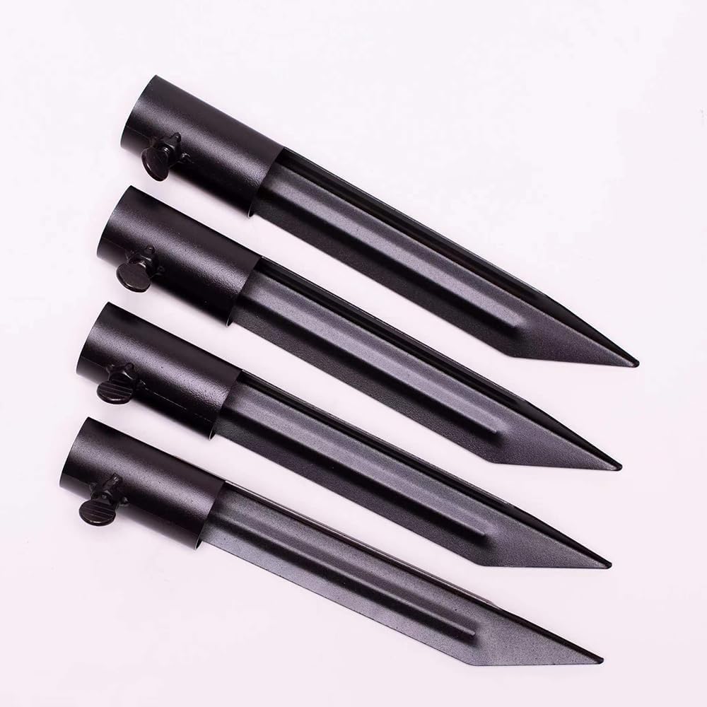 Generic metal stake umbrella-stand-ground keeps freestanding umbrellas steady outdoors.