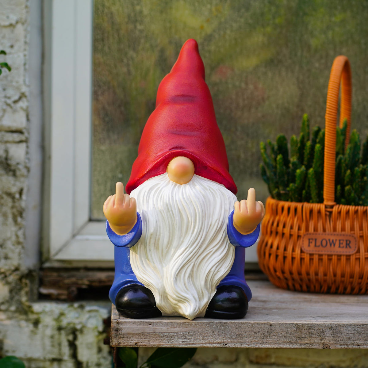 Generic Middle Finger Gnome garden statue on porch adds humorous curb appeal.