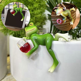 Generic miniature frog figurine sipping wine enhances outdoor spaces with whimsy.