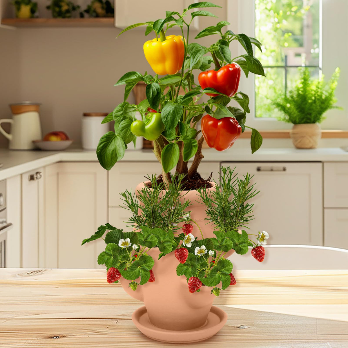 Generic multi-purpose planter supports strawberries or decorative greenery indoors or outdoors