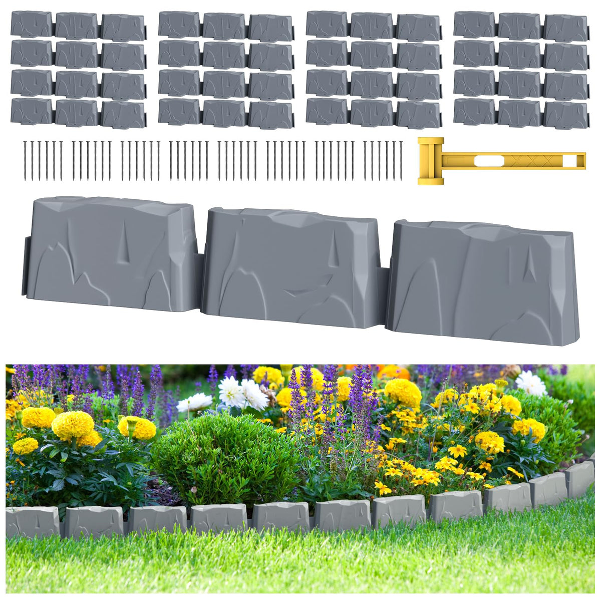Generic no-dig landscape edging in dark grey neatly defines lawn and garden borders.