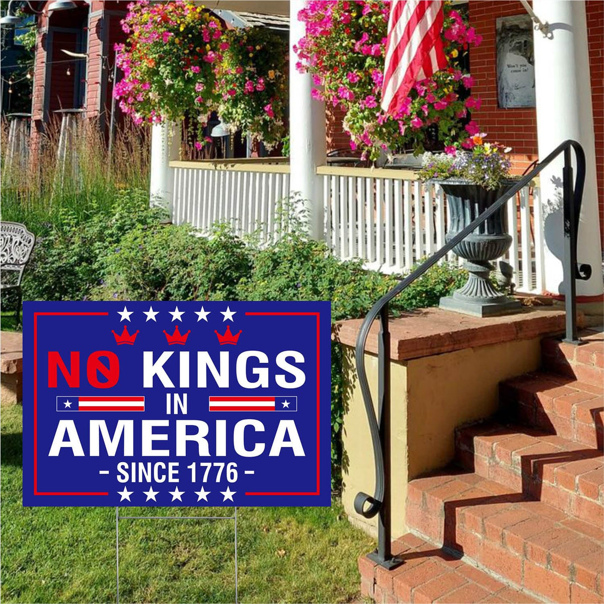 Generic No Kings In America sign back view showing double-sided visibility