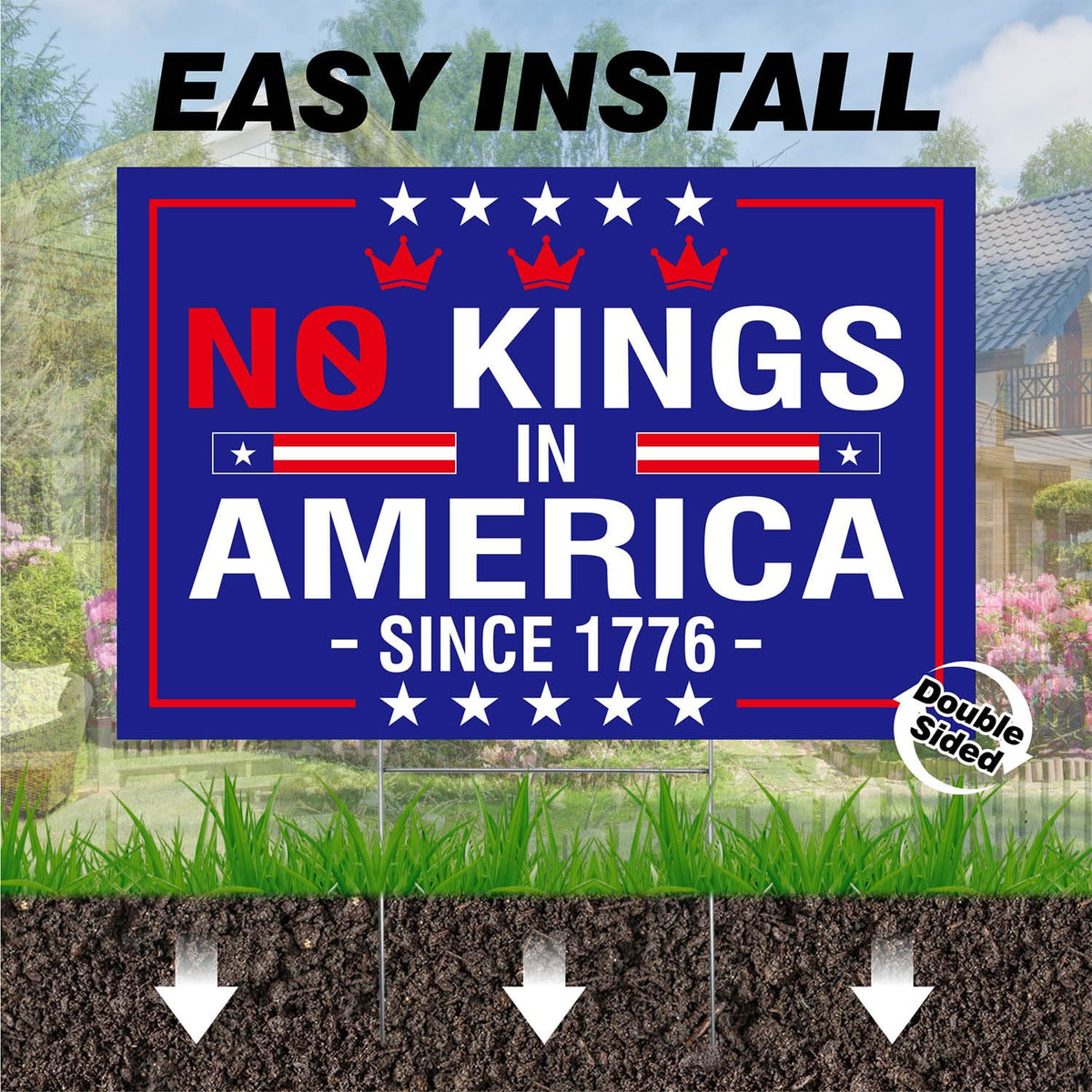 Generic No Kings In America sign in yard display for year-round messaging