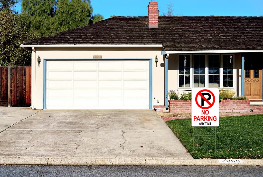 Generic No Parking sign with metal stakes for stable outdoor mounting.