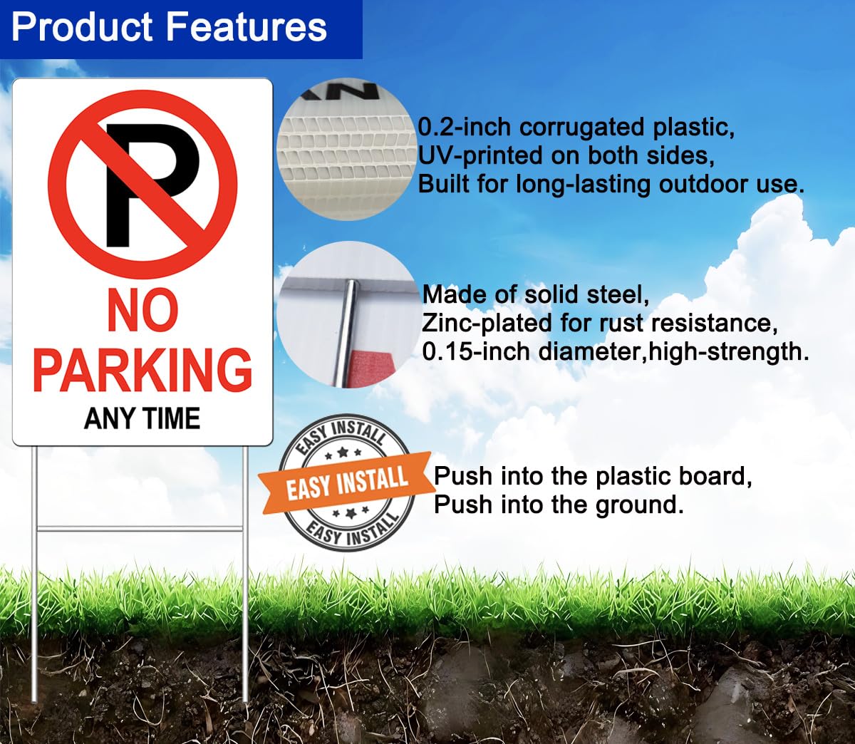 Generic No Parking sign is double-sided for visibility from all directions.