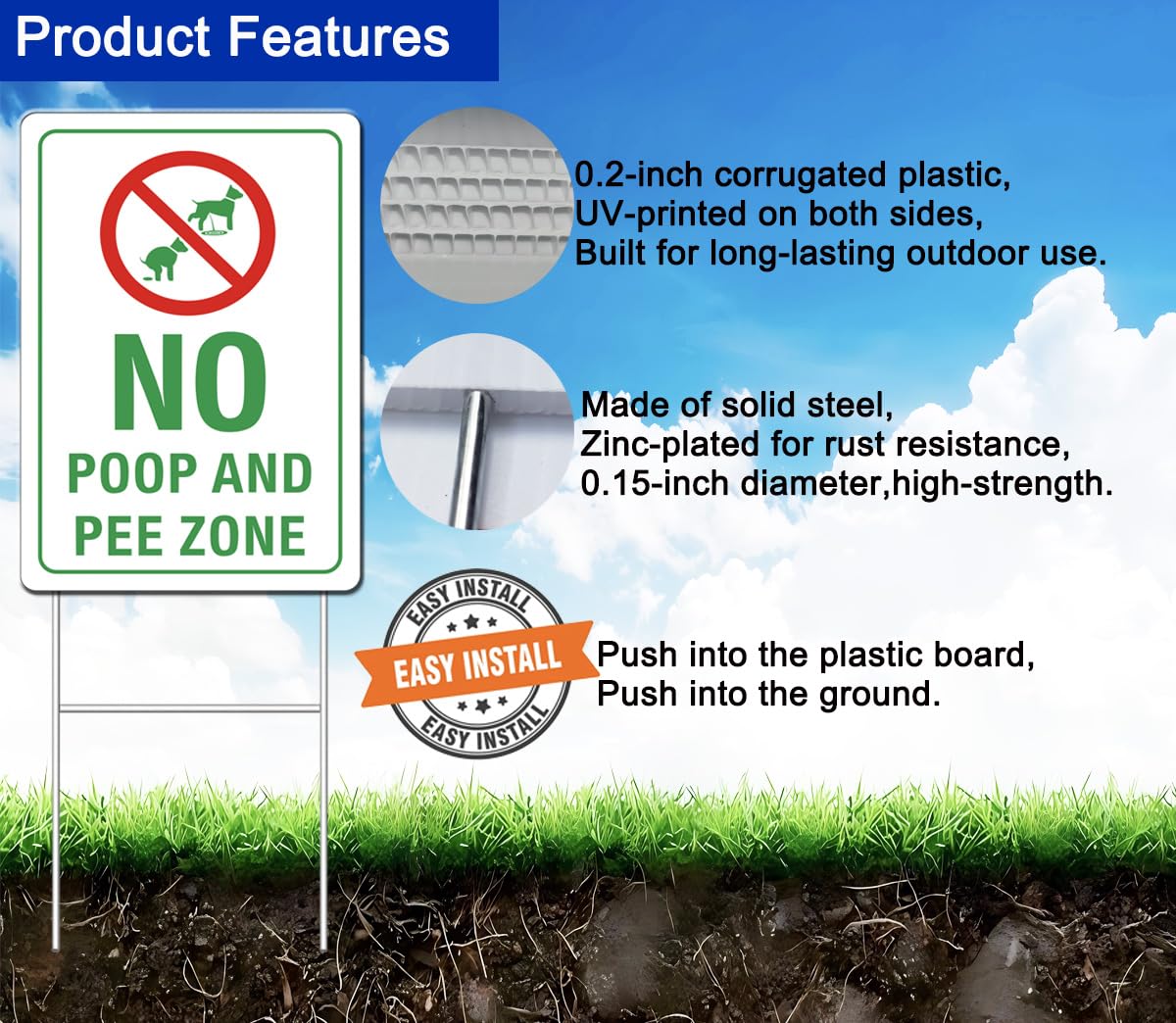 Generic No Poop Zone Sign double-sided graphics maximize notice from both sides.