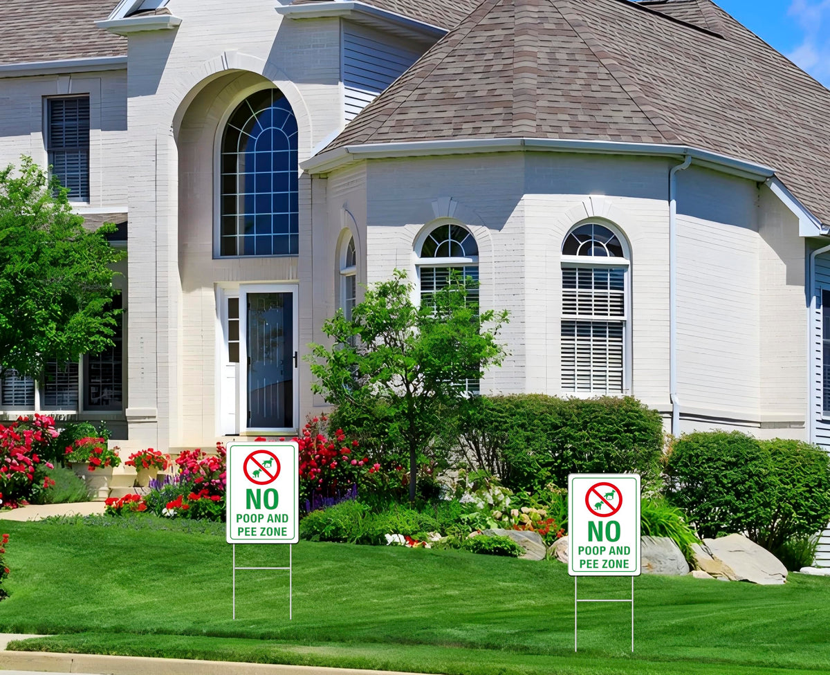 Generic No Poop Zone Sign packaging includes two signs and stakes.