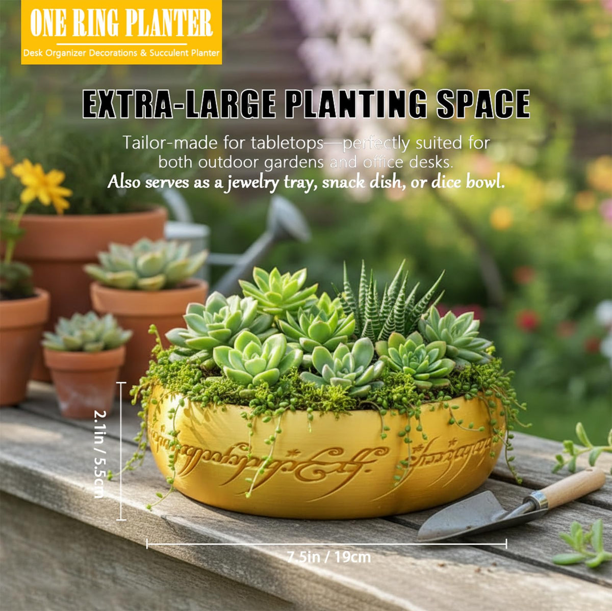 Generic One Ring planter side view emphasizes depth and golden finish