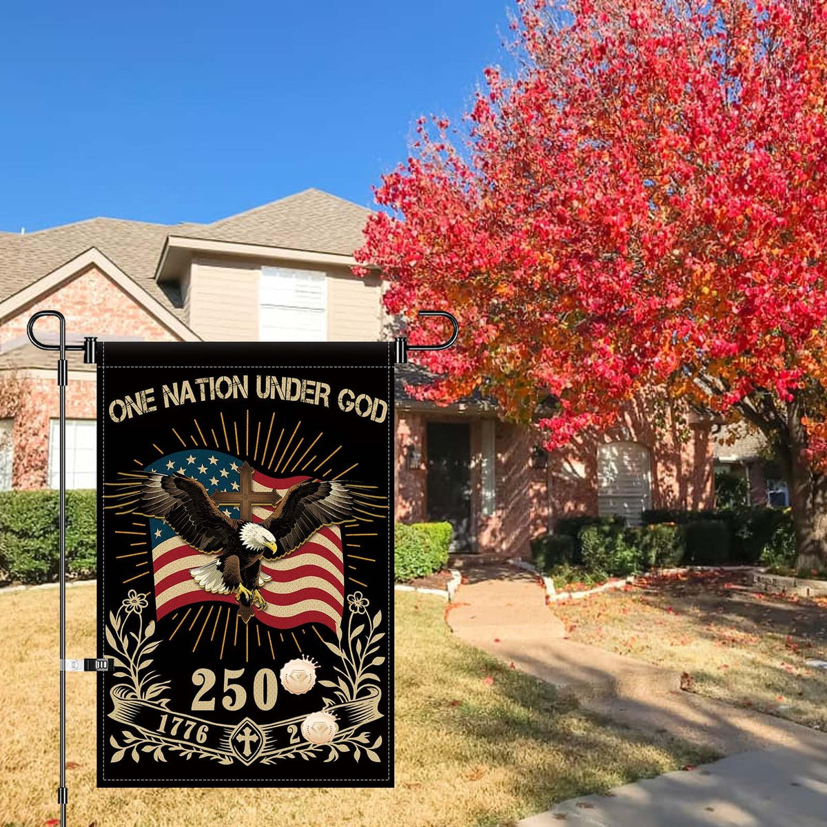 Generic outdoor 12x18 garden flag withstands weather while celebrating history.
