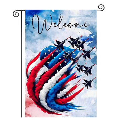 Generic patriotic garden flag with double-sided fighter jet design for outdoor display.