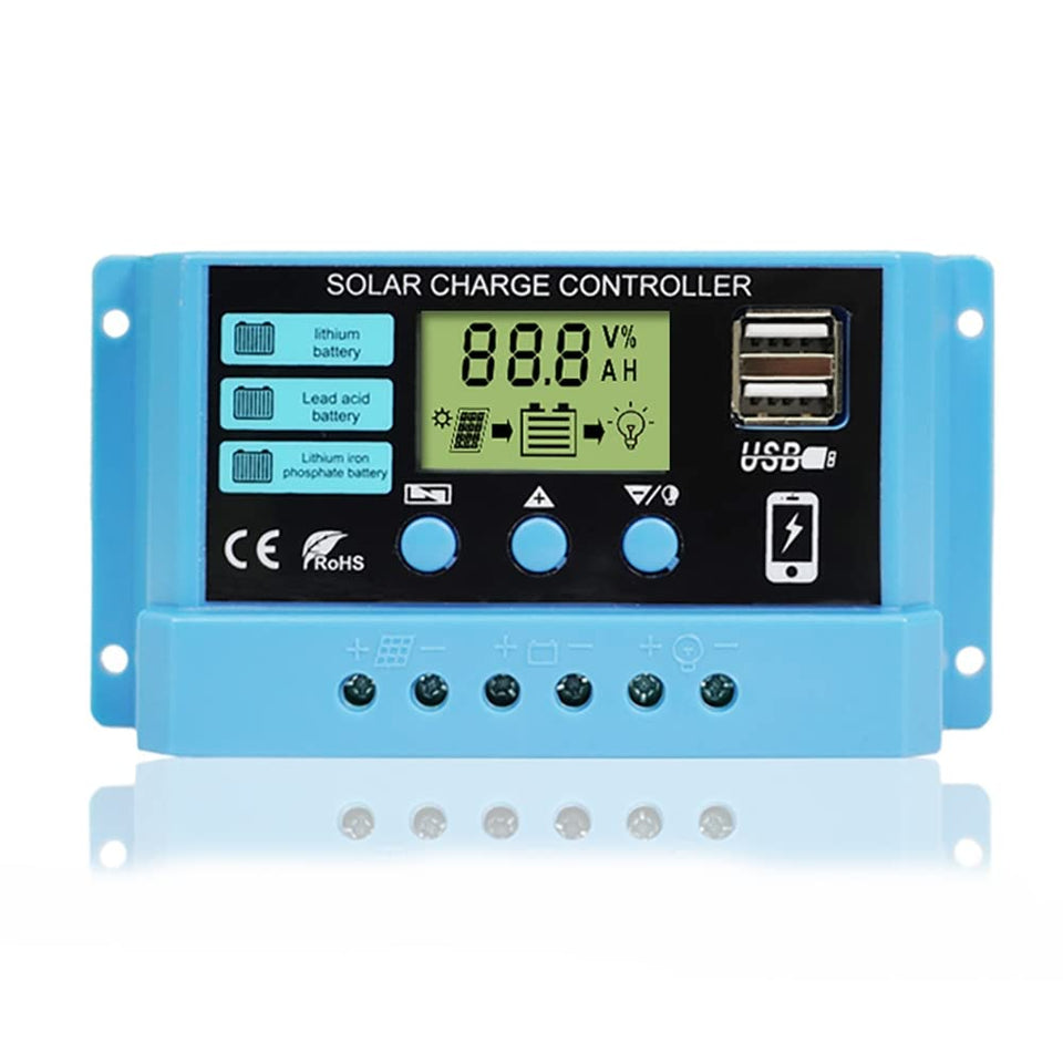 Generic Peidesi PWM 30A front view of a compact solar charge controller for 12V/24V systems.