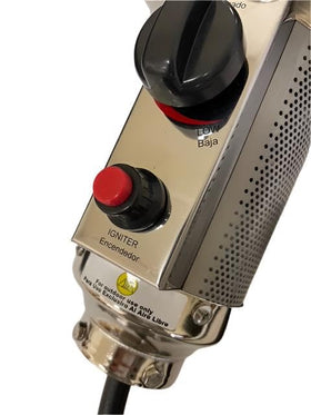 Generic piezo electric igniter button for effortless start without pilot flame.