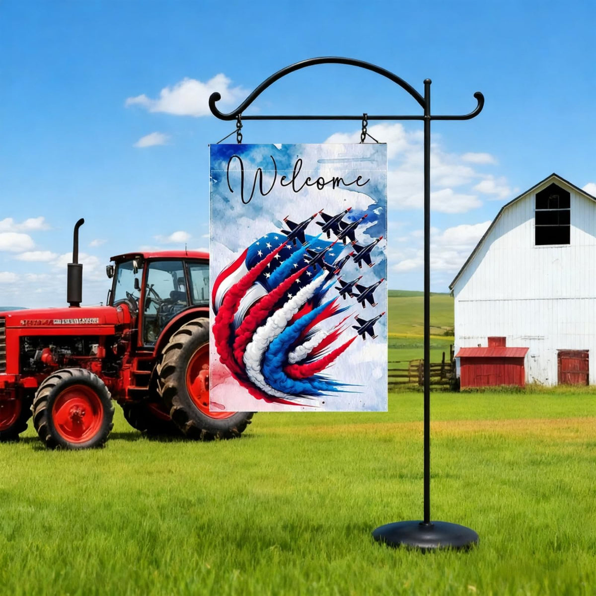 Generic polyester flag with burlap texture, weatherproof for long outdoor use.
