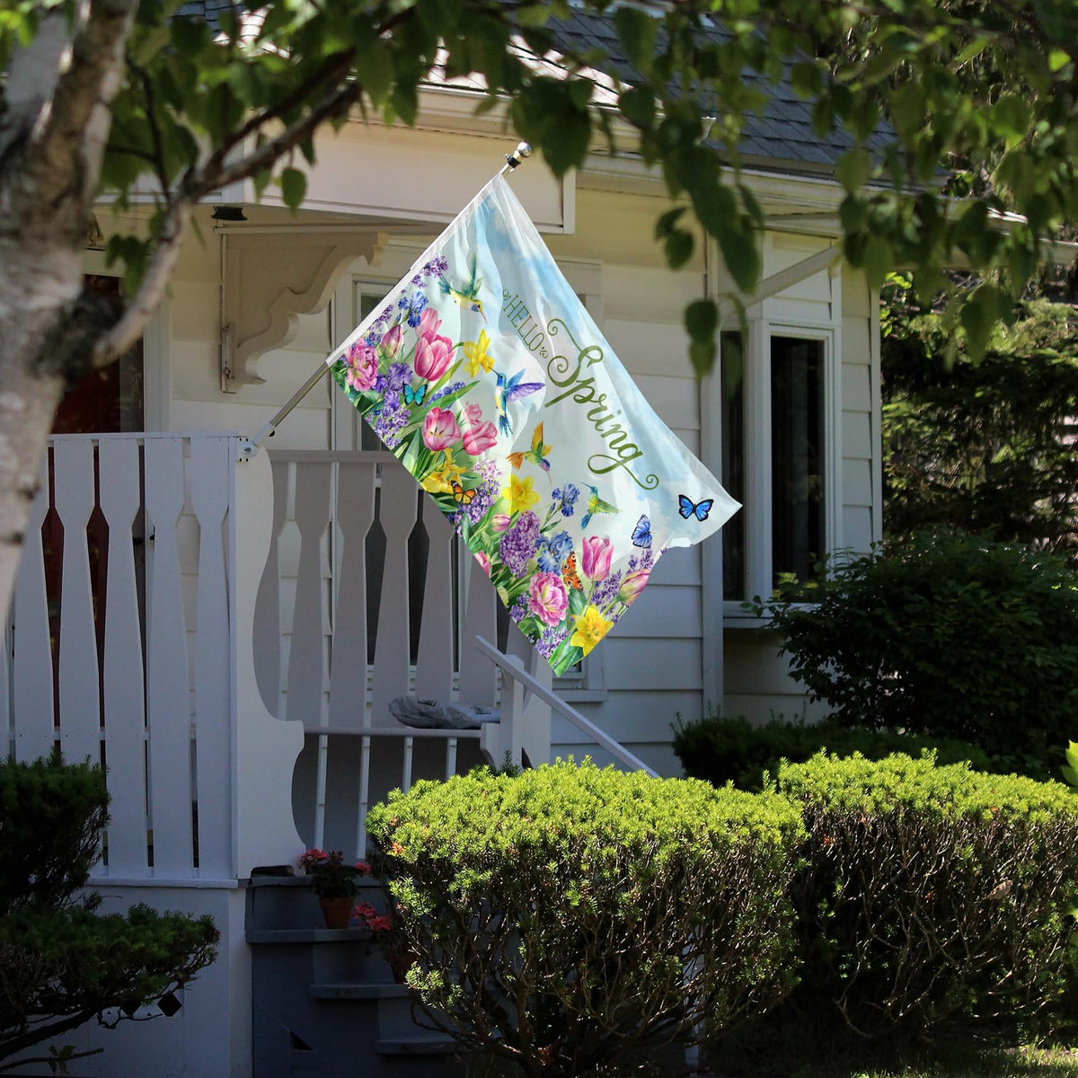 Generic Hello Spring flag material polyester for long-lasting outdoor color.