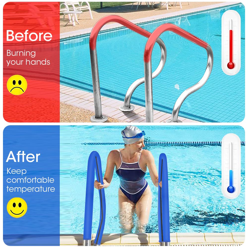 Blue handrail cover in-use at poolside providing heat protection