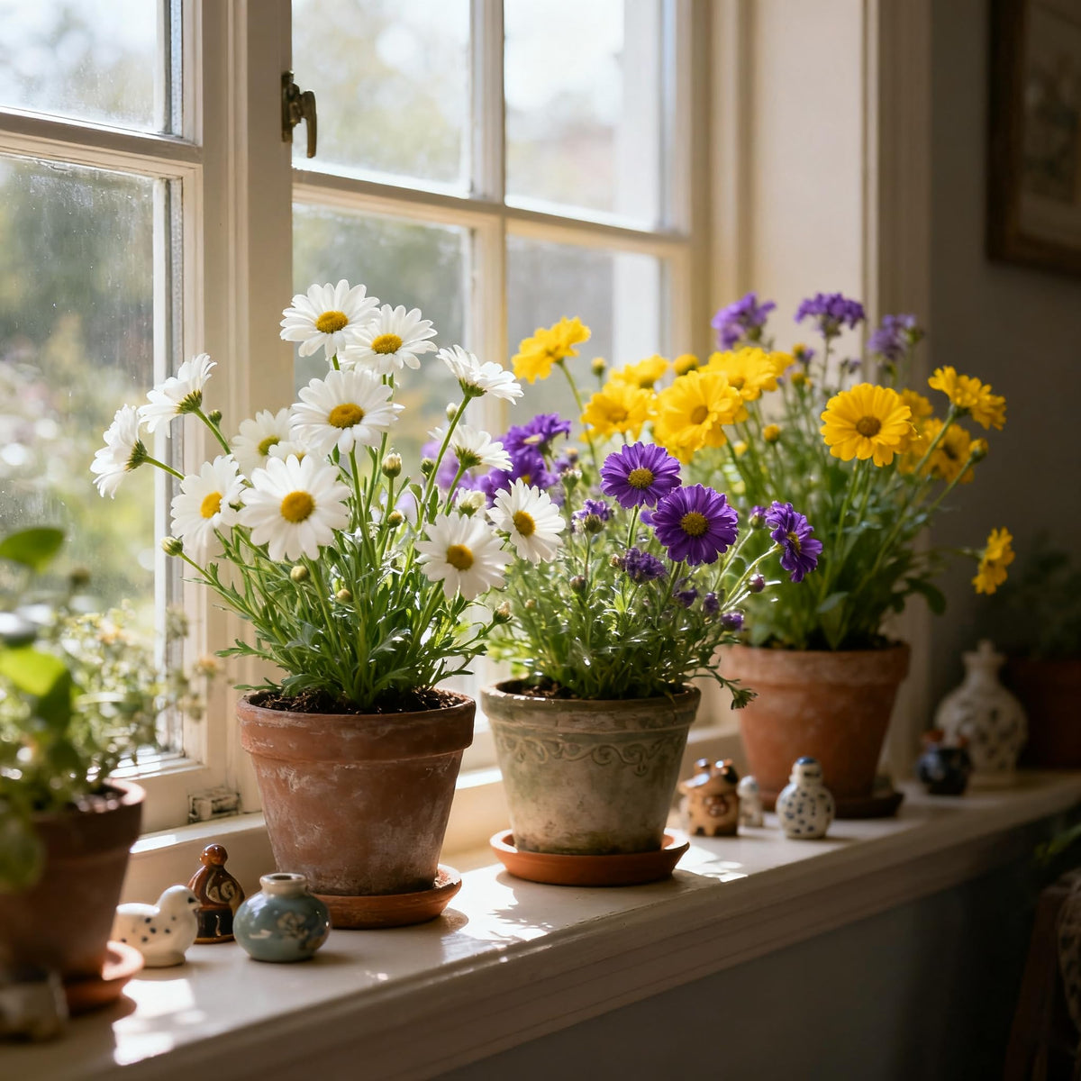 Generic pyrethrum seeds daisy-like flowers frame borders with perennial color.