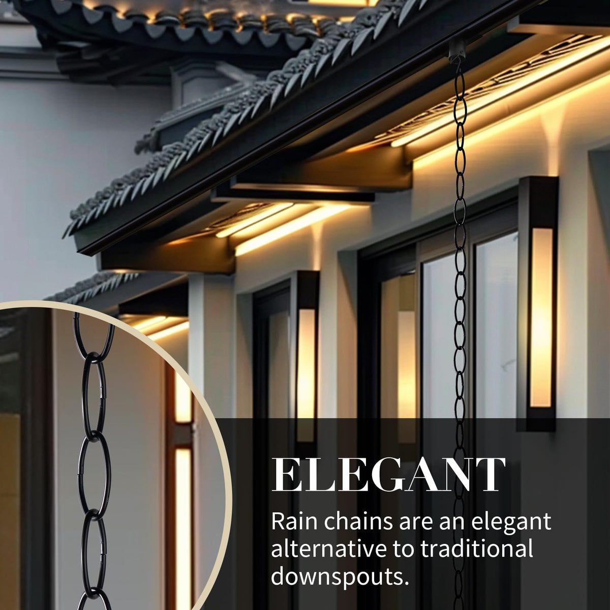 Generic rain chain with powder-coated matte black finish enhances exterior durability.