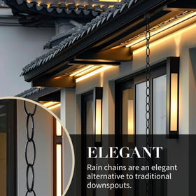 Generic rain chain with powder-coated matte black finish enhances exterior durability.