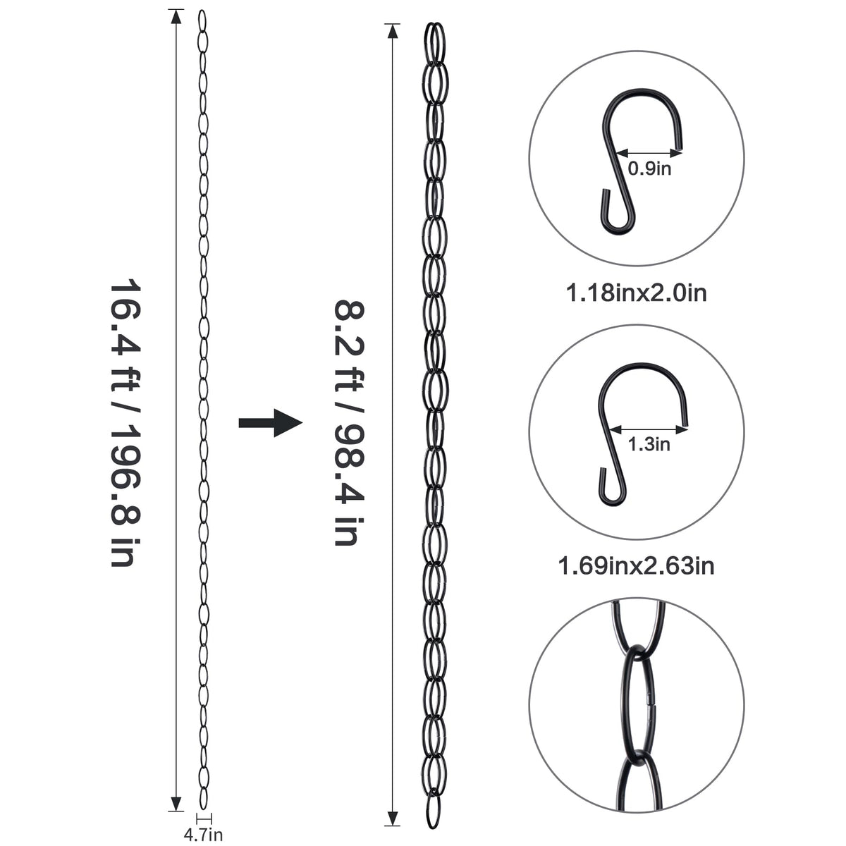 Generic rain chain with two hooks enables flexible eaves attachment.