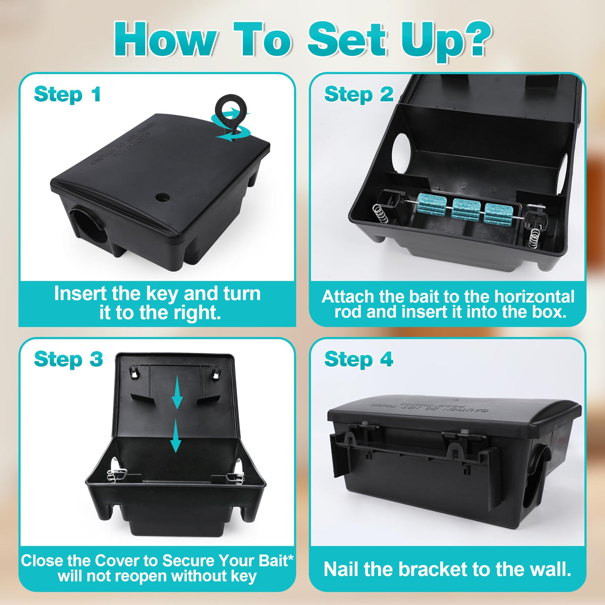 Generic bait box mounted indoors showing weatherproof durability for year-round use