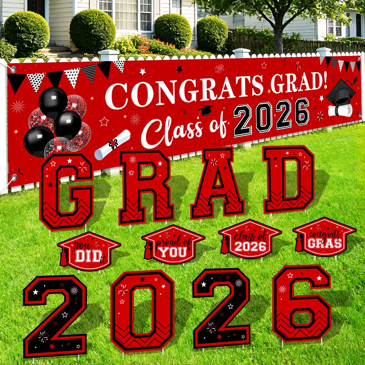 Generic red and black graduation yard signs with stakes for outdoor celebration