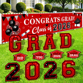 Generic red and black graduation yard signs with stakes for outdoor celebration