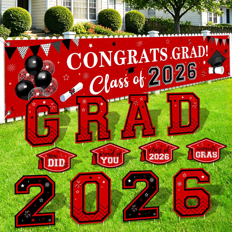 Generic red and black graduation yard signs with stakes for outdoor celebration