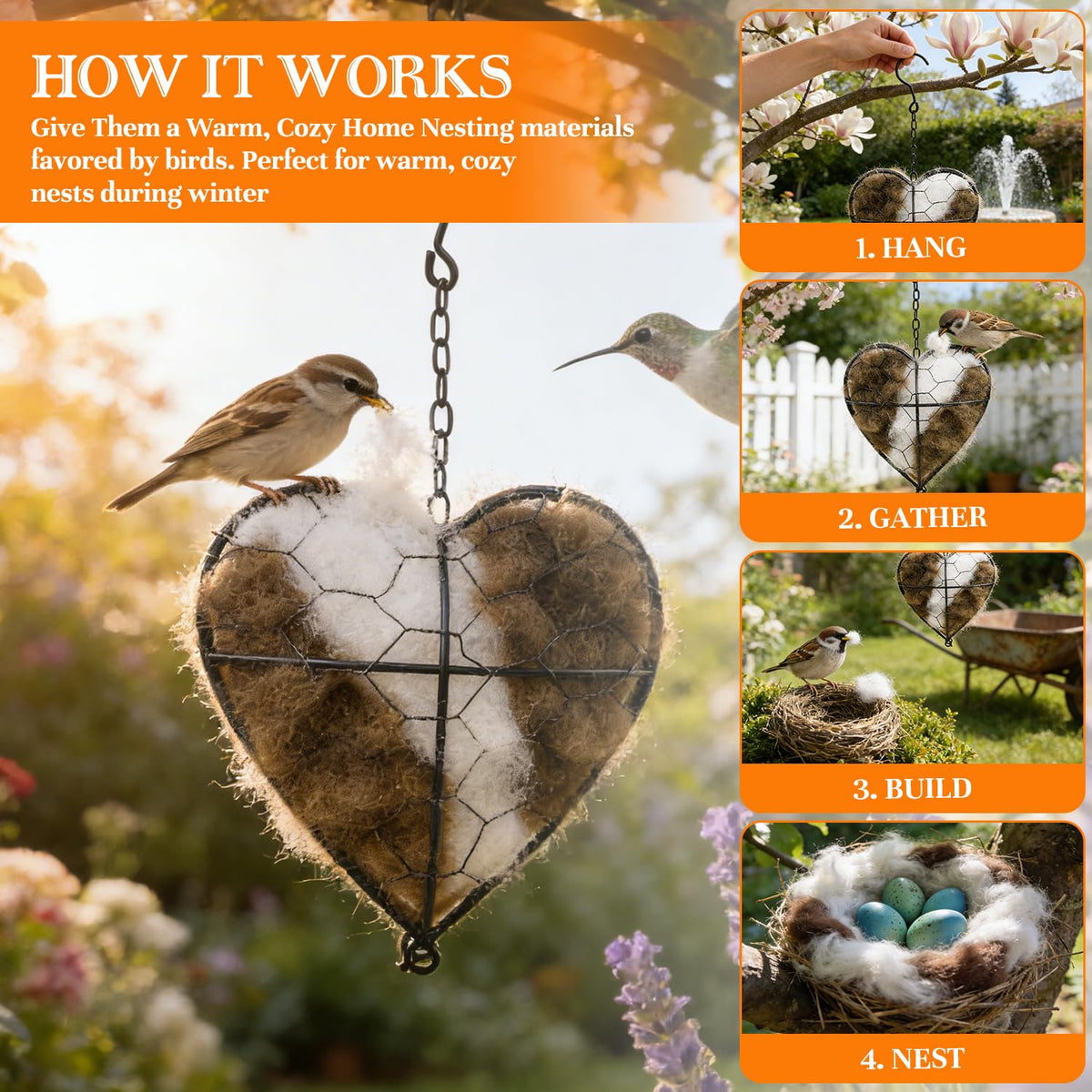Generic refillable hummingbird nest holder with natural fiber pouches supports easy maintenance