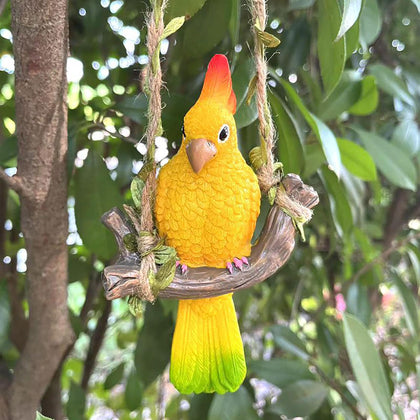 Generic resin parrot hanging garden decor shows a vibrant yellow-green tail for patio.